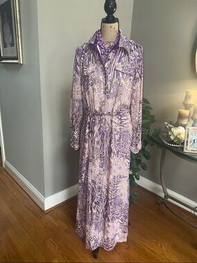 Ciebon Animal Print Printed Long-Sleeve Metallic Maxi Dress with Tie Waist